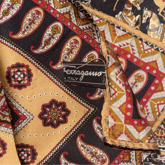 Vintage Salvatore Ferragamo Silk Equestrian And Paisley Themed Scarf 16.5”x16.5” - Picture 9 of 10